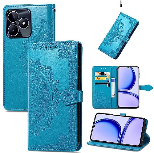 Fertuo Coque pour Realme C53 / Realme Note 50, Portefeuille Étui Housse en Cuir à Rabat avec Porte Carte, Chiusura Magnetica [Motif de Mandala] Flip Cover Case Antichoc pour Realme C53, Bleu