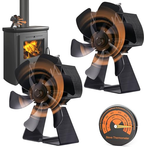 Flanagan 2 PCS Log Burner Fan, Stove Fan 6 Blades, 7in Large Fireplace Fan for Log Burner/Wood Burning Stove,Non Electric Eco Fans Cocoon Fan with Magnetic Thermometer
