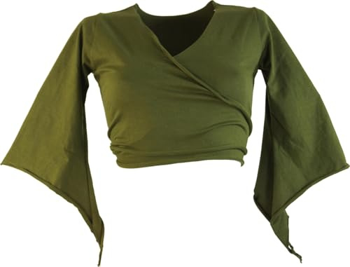 Elfen Top, Wickeltop Goa-chic mit weitem Arm, Damenmode, Olive, L