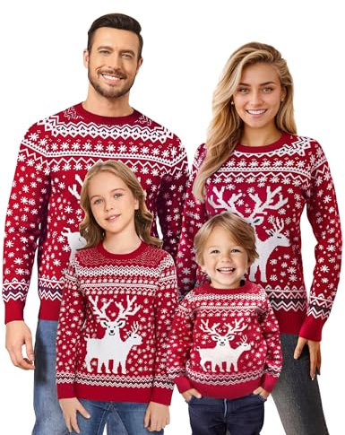 Namatime Weihnachten Pullover Kinder Junge Weihnachtspullover Familie Set Warme Strickpullover mit Rentiermuster Und Schneeflocke Lustig Christmas Sweater Kind-Rot 6 Jahre