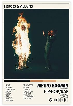 Metro Boomin Poster Heroes & Villains Album Cover Poster 9 Leinwand Poster Schlafzimmer Dekor Sport Landschaft Büro Zimmer Dekor Geschenk 30 x 45 cm