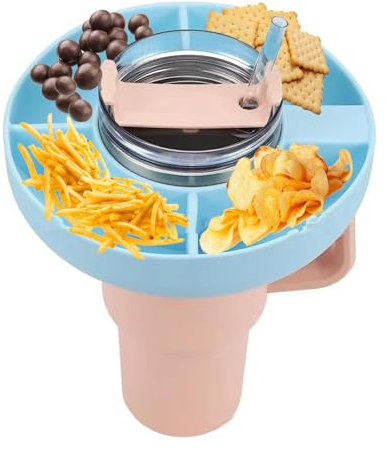 Snack Bowl for Stanley Cup, Tumbler Snack Tray Compatible with Stanley Cup 40 oz with Handle, Reusable Snack Storage Top Ring Candy Tray with 4 Compartments for Stanley Cup Accessories (Blue)