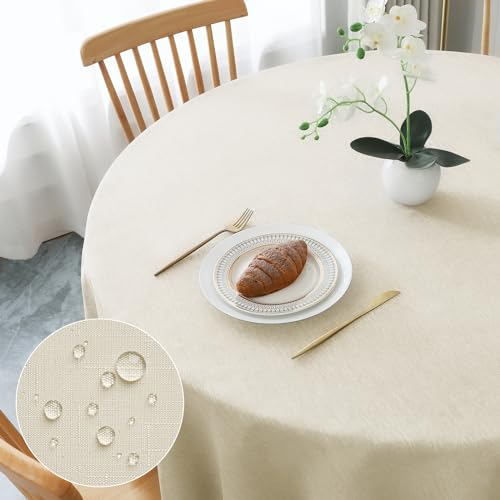 AooHome Tischdecke Rund Φ140cm, Beige Leinen-Optik Tischdecken Abwaschbar Tischtuch aus Polyester Wasserabweisend mit Lotuseffekt, Dauerhaft Kratzfest für Wohnzimmer, Esszimmer, Balkon, Garten