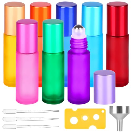 Essential Oils Roller Bottles, 8pcs Roll on Bottles with Stainless Steel Ball, 10ml Glass Roller Bottles with Bottle Opener, Dropper and Funnel for Essential Oils, Fragrance, Aromatherapy (8 Colors)