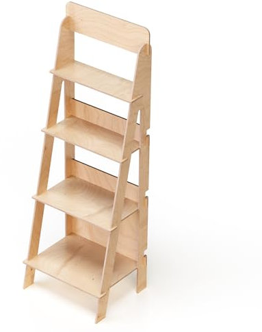 Espositore da Terra, in Legno, Scala, Semplice Montaggio a incastro, 4 Ripiani, Naturale e Sostenibile, H. 144 cm