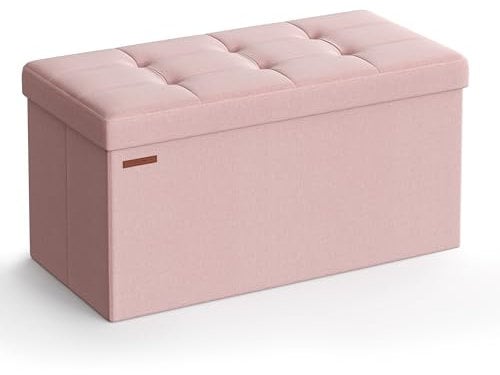 SONGMICS MAZIE Collection - Storage Ottoman Bench, 76 cm Folding Foot Rest Stool, End of Bed Bench, Easy Assembly, for Living Room, Bedroom, Entryway, Jelly Pink LSF047R51