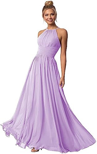 Clothfun Vestidos de dama de honor halter para mujer, vestidos largos de gasa, vestidos formales de noche 2023, Lila, 4
