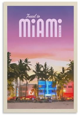 Jdheeh Vintage-Miami-Poster, Reiseposter, Leinwand-Kunst-Poster, Wanddekoration, Poster, 20 x 30 cm