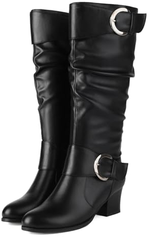 Voviggiw Femmes Mollet Large Jusqu'au Genou Bottes Tombantes Bout Rond Mariée à Boucle Bottes d'équitation Moyen Talons Bloc Bottes au Genou Fermeture éclair Latérale Noir Taille Marquée 41