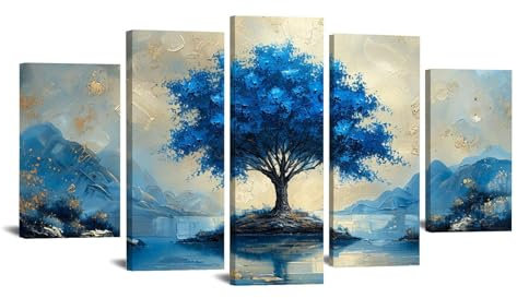 JOSUE 5 PièCes Tableau Arbre De Vie Arbre bleu abstrait Tableau Peinture Sur Toile,Bleu AS DéCor Murale Pour Chambre Peintures Pour Maison Bain Salon- 100x200cm Encadrée