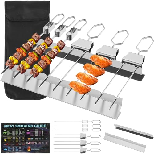 Brochettes à double dents avec 2 supports à brochettes, brochettes en acier inoxydable, faciles à utiliser, passent au lave-vaisselle, sac de rangement pour barbecue (3 pièces à double dents + 3