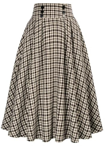 Jupe mi-Longue à Carreaux pour Femme, Jupe plissée Taille Haute avec Poches, élégante Jupe évasée trapèze à Taille Extensible-Marron à Carreaux-L