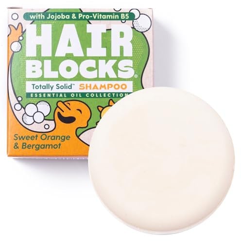 Hair Blocks - Solid Shampoo Bar (85g) for all hair types: Sweet Orange & Bergamot Solid Shampoo Bars| Soap Free, Plastic Free | Plant Based | Natural | Conditioning
