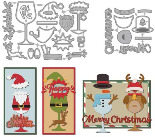 MAYJOYDIY Weihnachts Metall Stanzformen Weinglas Design Stanzschablonen Weihnachtsmann und Schneemann Karbonstahl Prägeschablonen Für Scrapbooking Party Fotoalbum DIY Papierhandwerk