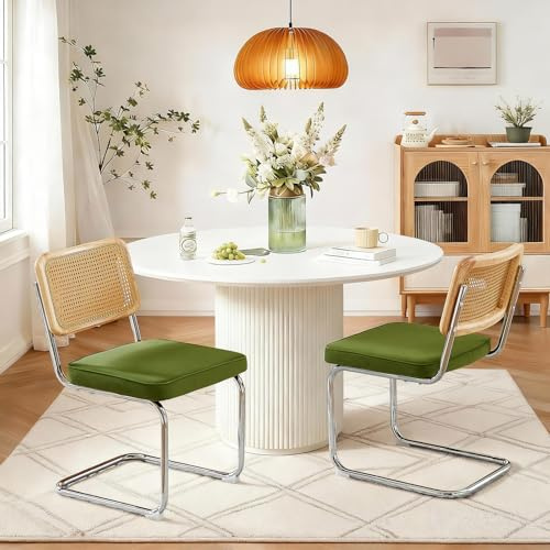 SoarTalent Esszimmerstuhl mit Rattan-Rückenlehne, Samt, modernes Breuer-Design, Edelstahl, Chrom-Basis, Armlehnen, gepolstert, Esszimmerstuhl für Esszimmer, Kücheninsel, Olivgrün, 2 Stück