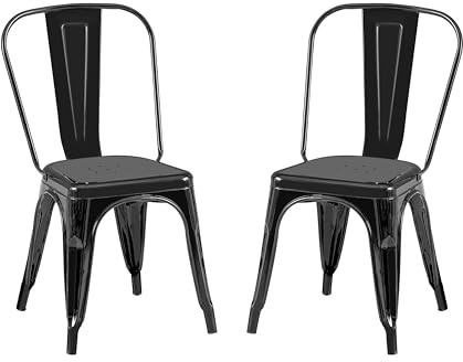 AC Pacific Stackable Metal Dining Chairs Set of 2 for Indoor and Outdoor Use, Durable Stacking Seat, Farmhouse Kitchen, Bar, Patio, Bistro, Cafe, Industrial Style, 2pcs, High Gloss Black