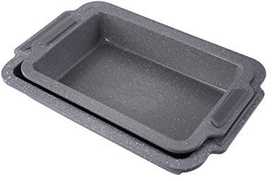 KasaBona Set of 2 Carbon Steel Roasting Tins Non-Stick Marble Coated Oven Trays with Silicone Handles, Heavy Duty, Easy Clean, Long Lasting, Kitchen Baking and Cooking Essentials