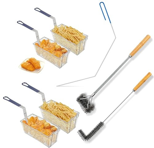Juego de 4 cestas comerciales de repuesto para freidora con juego de cepillos de limpieza para freidora, 13 x 6 x 6 pulgadas, mango antideslizante industrial, cesta de hierro chapado en níquel