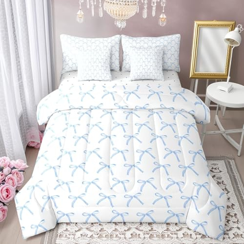 7-teiliges Bettwäsche-Set mit Cartoon-Schleife, Queen-Size-Größe, Fliege, Knoten, geometrisches Patchwork, modisches Bettwäsche-Set, handbemalt, Skizze blau, edel (Bettdecke + eng anliegend + flach +