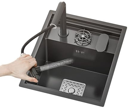Conslika Black Workstation Undermount Sink for Bar RV Kitchen with Built-in Foldable Faucet，Stainless Steel, With cover plate，Concealed Sinks,space-saving
