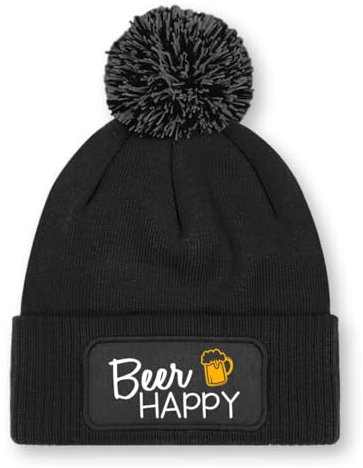 Prozente Momente Beer Happy – Beanie mit Bommel | Strickmütze | Wollmütze | Beanie mit Druck | lustige Sprüche | Apres-Ski | Winter | Schwarz