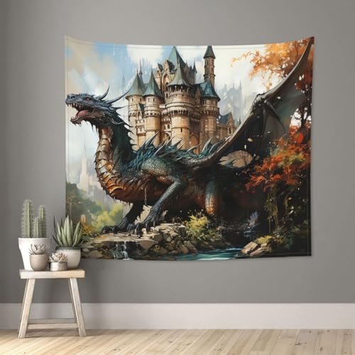 Wandteppich Groß Tapisserie Portabel Wandtuch Für Schlafsaal Schlafzimmer Picknick Drachen Und Burg Kreatur Bunt 150x230cm