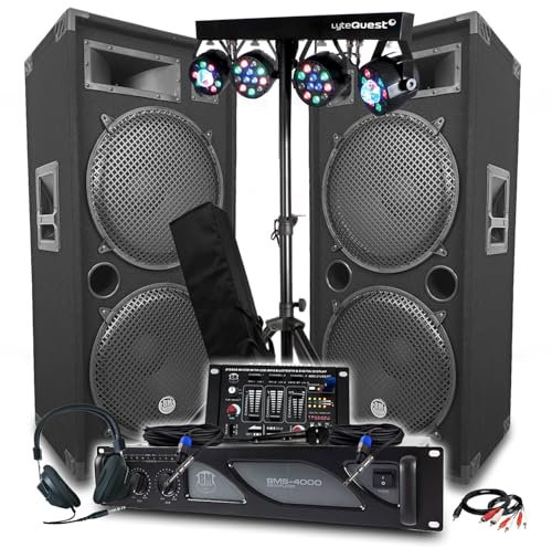 Pack Sono BM Bmsonic Amplificateur 4000W, Paire d'Enceintes LSC215 2x2000W, Table de Mixage Bluetooth, Portiques 8 Lumières LED