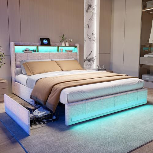 BHFFTHK Cama Tapizada 160 x 200 cm, Doble LED Con 4 Cajones de Almacenamiento y Somier, Cabecero Con Función de Carga USB, Funcional Para Juventud, Lino, Beige