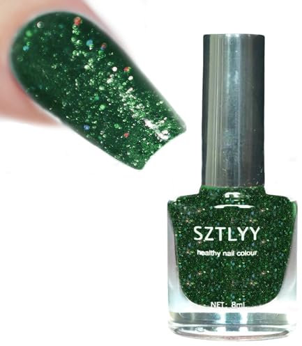 Green Glitter Nail Polish, Dark Green Emerald Green Nail Varnish, Shimmer Sparkly Metallic Nail Glitter, Quick Dry Long Lasting Holographic No UV Needed Nail Varnish, Nail Art Manicure for Women