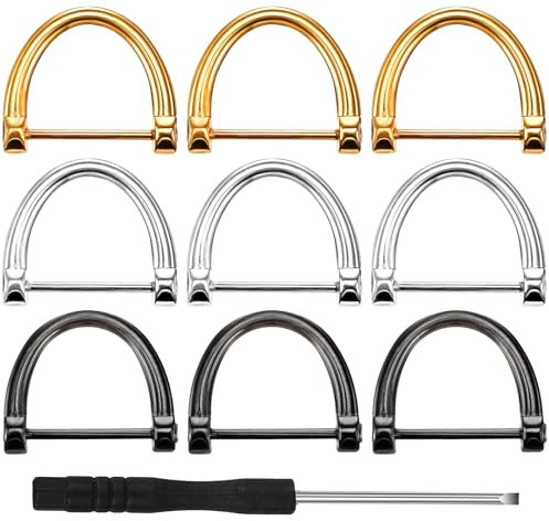 D Shape Key Ring with Screw Shackle 10 Pcs 0.7 Inch Horseshoe Shape D Rings Screw in Shackle Horseshoe Shape D Ring Cats Leash Ring with Screwdriver for Collars Making Car Keys Tools - 3 Colors