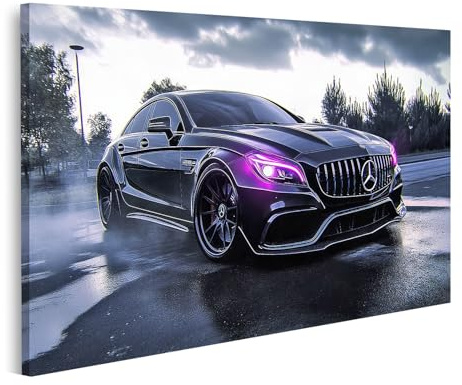 islandburner Bild auf Leinwand Schwarzer AMG im Regen bei Dämmerung für Wohnzimmer Autofans Autohaus Bilder Wandbilder Poster