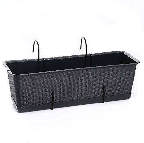 rg-vertrieb Blumenkasten Balkonkasten Blumentopf Rattan Optik Ratolla Case P mit Aufhängung zur Auswahl Untersetzer Geländerkasten 2 Größen (500 Anthrazit + Aufhängung)