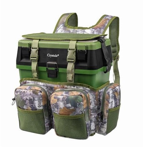 Crystals Fishing Tackle Box & Rucksack Seat, Lure Storage Case, Organizer with Padded Seat & Straps, Fly Sea Coarse Fishing Backpack, Tackle Storage (Fishing Tackle Box with Rucksack)