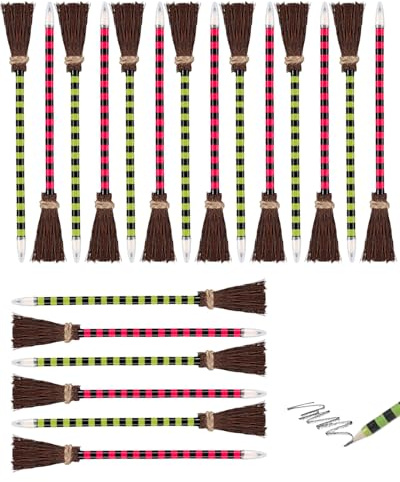 Koongso 20 Pack Witch Broom Pencils Halloween Wizard Party Favors, Pink and Green Witch Broom Pencils School Office Supplies