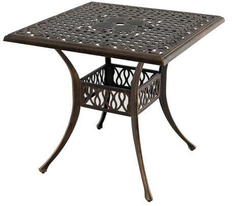 GOPLUS Table de Patio en Aluminium Coulé, Table Bistro Carrée avec Trou pour Parasol de 4,8 cm, Plateau Grand et Antique pour 4 Personnes, Adapté pour Jardin, Porche, Piscine, 80 x 80 x 75 CM