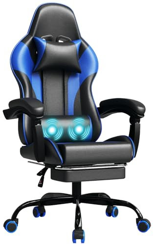 JUMMICO Gaming Stuhl, Schreibtischstuhl mit Massagefunktion,Bürostuhl Ergonomisch mit Fußstütze,150 kg, Blau