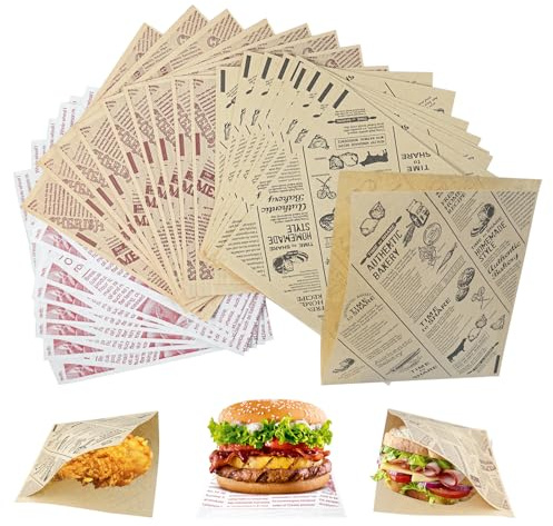 Hevysuo 150 Stück Sandwich Wrap Papier,Fettdichtes Wrap Papier,Hamburger Papiers 15cm x 15cm,Butterbrotpapier öko,Deli Papierblätter,für Burger Sandwich Pommes Frites Käse