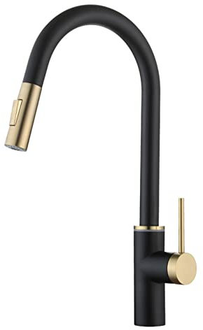 Grifo de cocina sin contacto negro y dorado con rociador extraíble con sensor de movimiento, grifo para fregadero para estilo contemporáneo