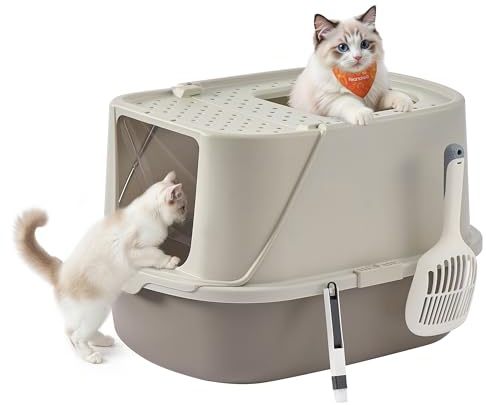 Feandrea Katzenklo XXL mit hohen Seitenwänden, mit Schaufel | Geschlossene Katzentoilette für Kätzchen und große Katzen, Cappuccino-Beige, BOXAL Kollektion PPT011LH01