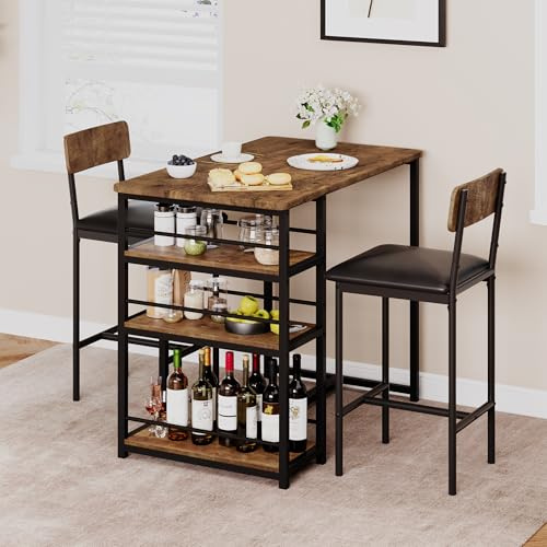 Bartisch mit Barhocker Set - Bartisch Set 3-Teilig für 2 Personen mit 2 Gepolsterten Barstühlen, Rückenlehne - Küchentisch mit 3 Ablagen - Bartheke für Esszimmer, Küche - Modern-Stil - Vintagebraun