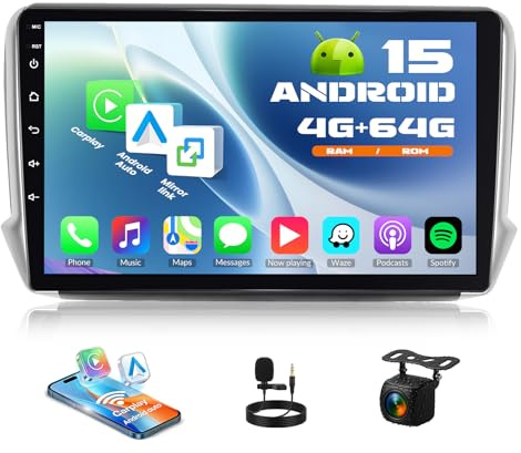 Android 15, 4G+64G 8 Núcleos GOHHDL Autorradio 2 DIN para Peugeot 208/2008 (2012-2018), Pantalla táctil de 10.1 Pulgadas con GPS WiFi Bluetooth Radio FM/RDS SWC Cámara de reversa y Mic