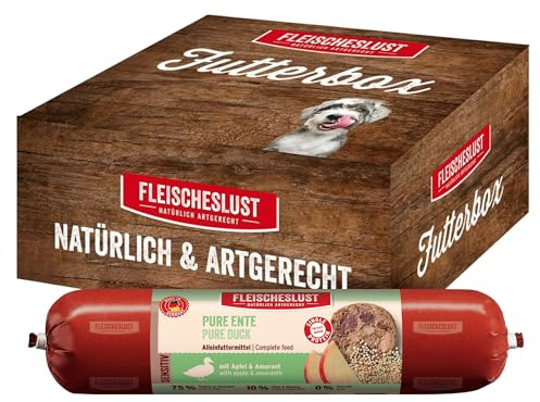 Fleischeslust Hundewurst | Pure Ente mit Apfel & Amarant | Futterbox (6x800g) | Sensitive | Nassfutter | schnittfest | getreidefrei | Alleinfuttermittel für ausgewachsene Hunde