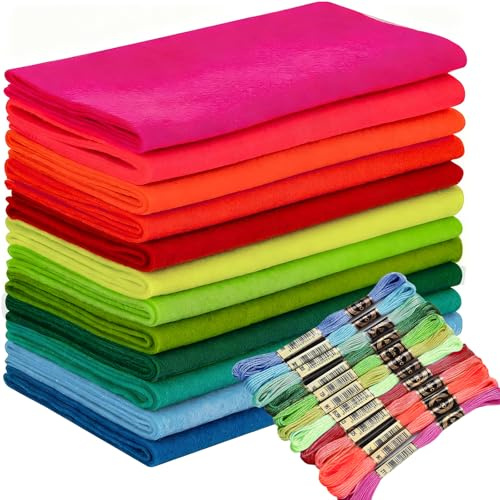 Wonninek 1,4mm Neon Filz Stoffrollen 12Rolls Filz Pack mit Stickgarn, 20,5 x 90 cm Neon Serie Verschiedene Farben DIY Handwerk Nähen Nonwoven Patchwork