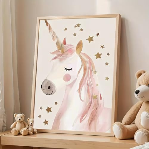 TROYSINC Aesthetic Einhorn Poster, Pastellrosa Einhorn mit Goldstern Deko Bilder, Wasserfarbenkunst Wandbilder Wohnzimmer Wanddeko für Mädchen Schlafzimmer (50x70cm,Ohne Rahmen)