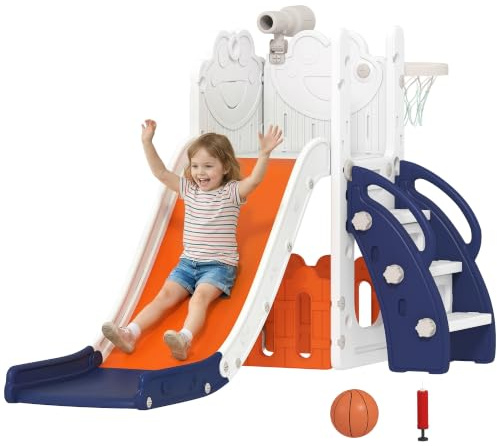 AIYAPLAY Kids Slide 5 in 1 Toddler Slide Set Frog Theme Ages 1-3 Orange | Basketball Hoop, Outdoor & Indoor Playset, Climbing Frame, Telescope, Storage Box