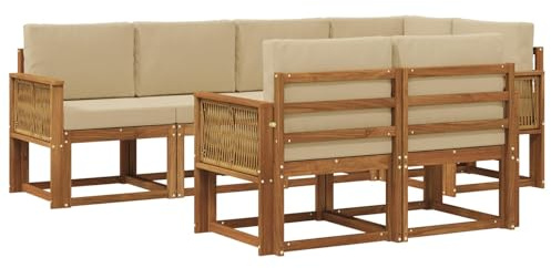 vidaXL Outdoor-Sofagarnitur mit Kissen 7 pcs Natur und Beige Polyester, Stylisches Outdoor-Sofa-Set, Moderne Gartenmöbel, wetterfestes Akazienholz, modulares Sitzen für Terrasse und Lounge