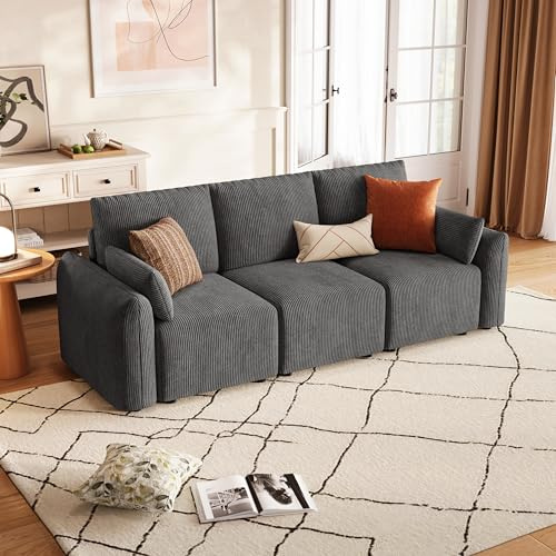 JINOVIA 3 Sitzer Cord Kleine Sofas für Kleine Räume, Modulares Ecksofa 254cm, Individuell konfigurierbare Wohnlandschaft, hochdichter Memory-Schaum, abnehmbare & waschbare Kissenbezüge, Grau