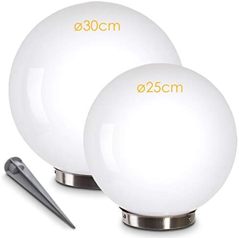 Solarleuchte Nassau, Kugellampe 2er Set, Kugelleuchten aus weißem Kunststoff, Ø 25 und 30 cm mit Erdspiess, Außenleuchten mit Ein/Aus-Schalter, Solarlampen mit Dämmerungsschalter