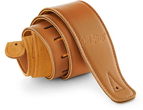 Dat Strap Gitarrengurt Leder | für Gitarre Elektro, Akustik, Bass und Konzertgitarre | Extra Lang | Gepolstert für Zusätzlichen Komfort | Hellbraun | Enthält 2 Pick Geek Stahlplektren