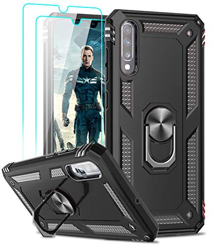 LeYi Schutzhülle für Samsung Galaxy A70/A70S [2 x Hartglas] 360 Grad Ring Ständer, Militär, doppelt verstärkt, Stoßdämpfung, Silikon, stoßfest, Schutzhülle, Schwarz